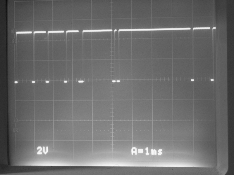 4 bytes 0x00, 0x00, 0x80 and 0x40 in a sequence of about 9 msec. "0"= 5V and "1"= 0V. See text for details